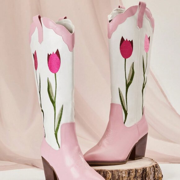Pink Casual Women's Chunky Heel Tulip Embroidery Mid-Calf Western Boots - Picture 5 of 7